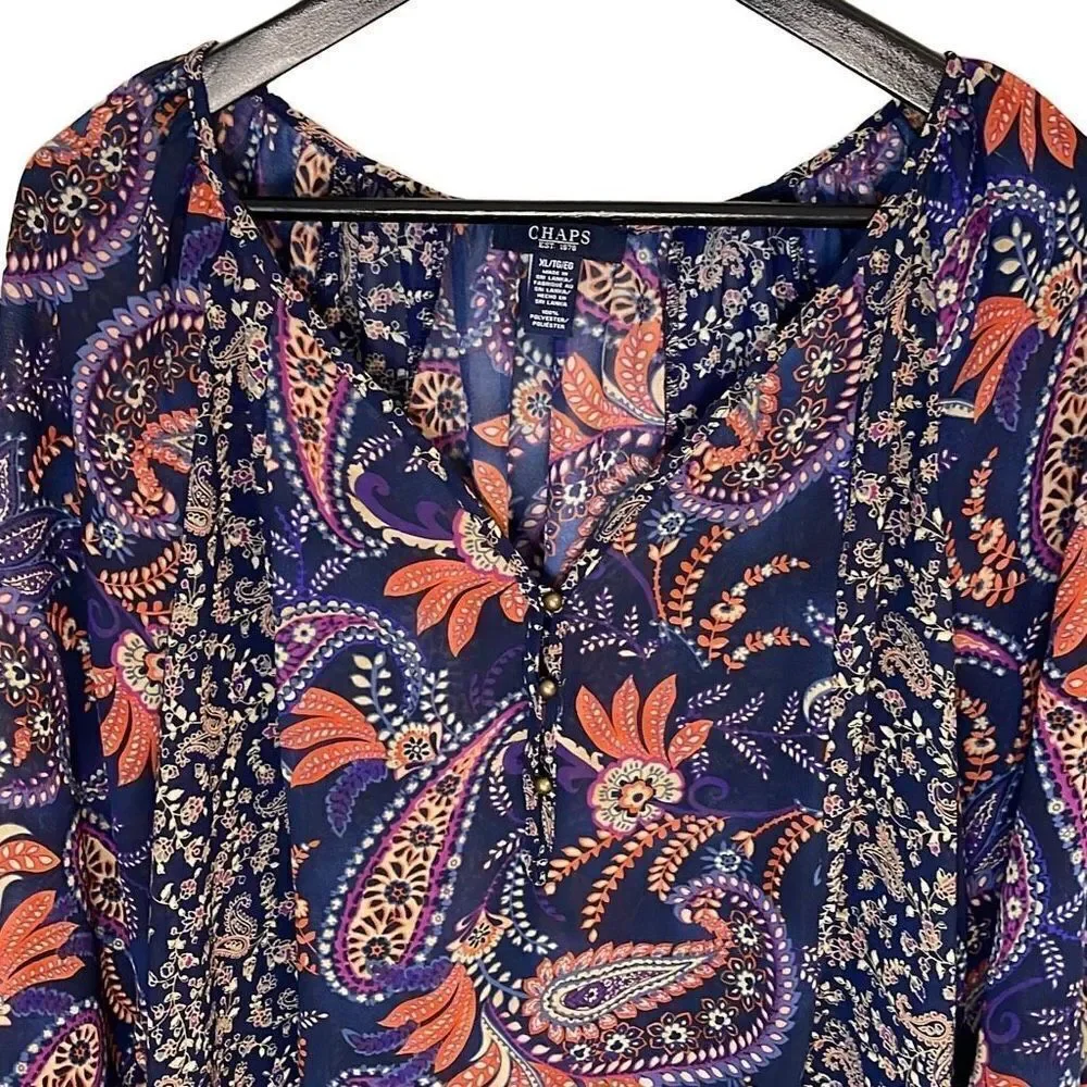 CHAPS Womens Tunic Blouse Top‎ 3/4 Sleeve V Neck Paisley Blue Orange Size XL - Picture 2 of 8